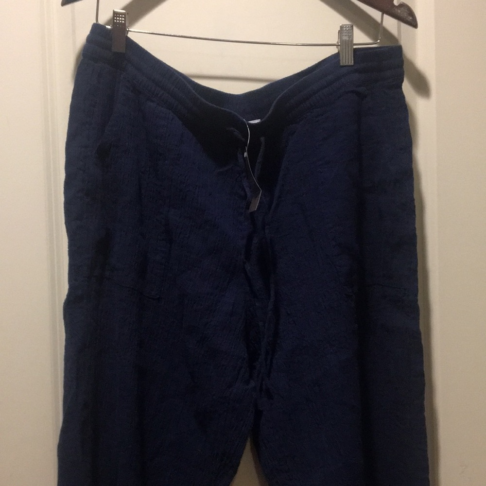 NWT J. Jill women Linen Blend drawstring elastic band pants pockets size L blue